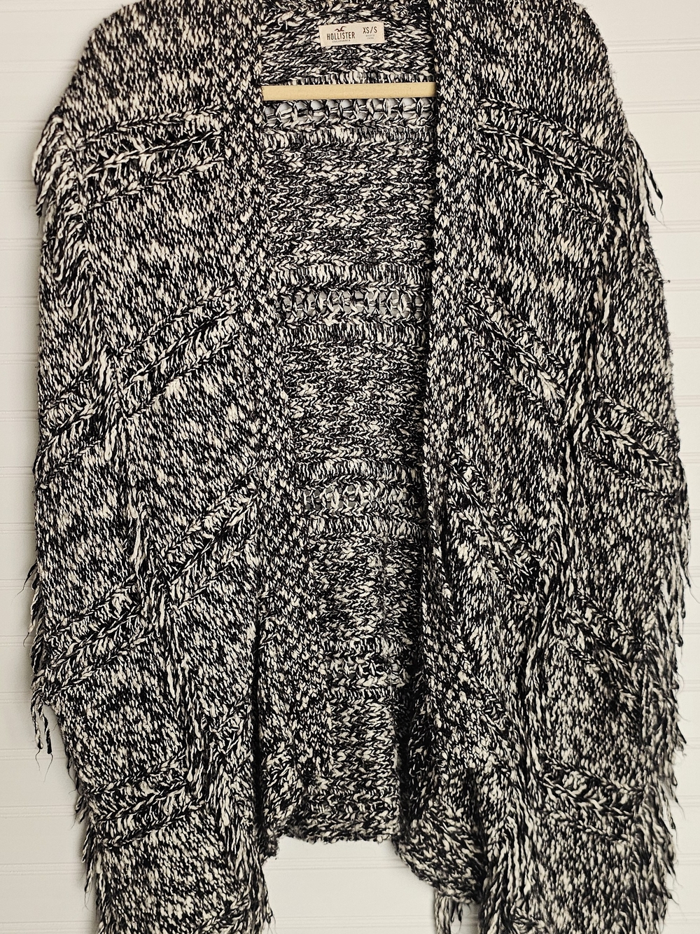 Hollister Black & White Marled Open Cardigan with Fringe
